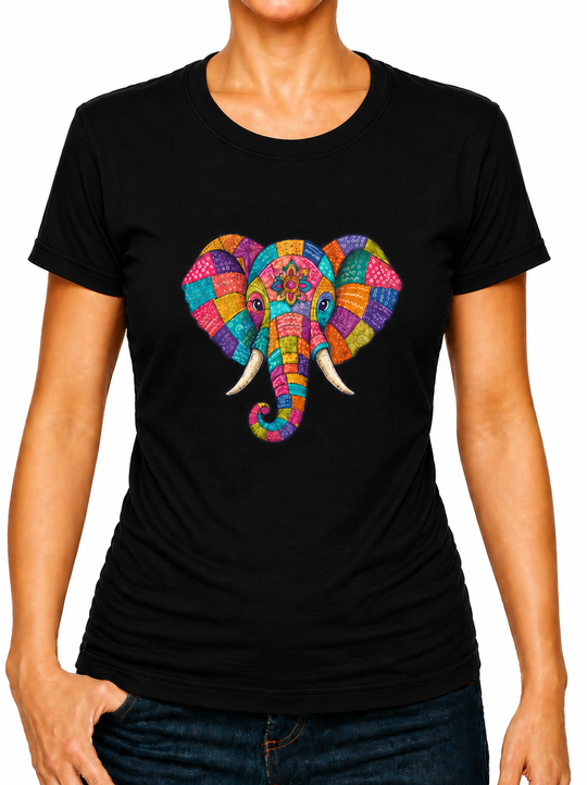 Boho Patchwork Elephant Print Ladies T-Shirt XS - 2XL (UK 8 - 18) - available in 7 colours