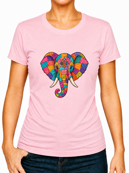 Boho Patchwork Elephant Print Ladies T-Shirt XS - 2XL (UK 8 - 18) - available in 7 colours