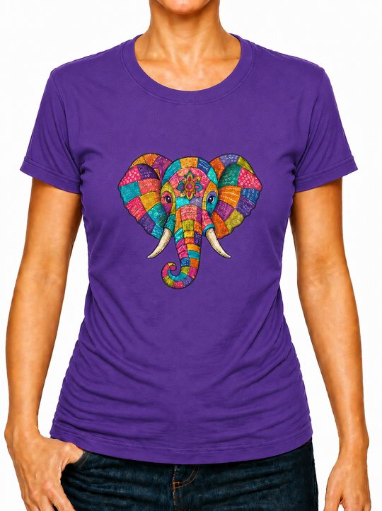 Boho Patchwork Elephant Print Ladies T-Shirt XS - 2XL (UK 8 - 18) - available in 7 colours