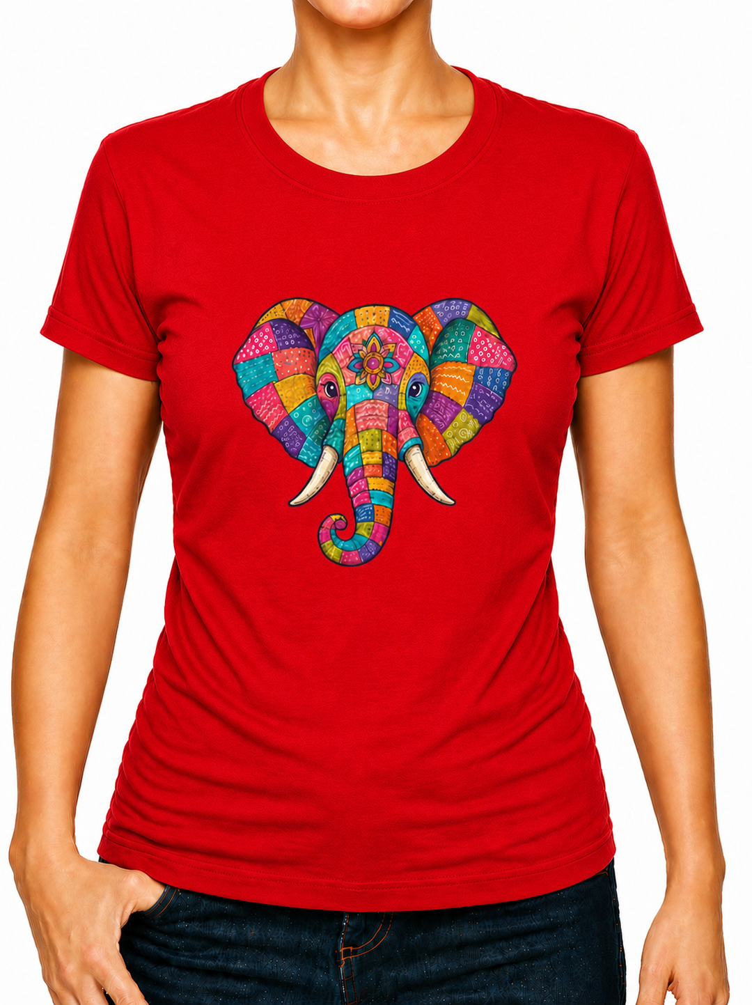 Boho Patchwork Elephant Print Ladies T-Shirt XS - 2XL (UK 8 - 18) - available in 7 colours