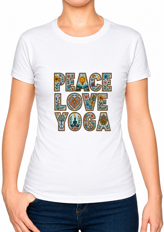 Boho Peace Love Yoga Ladies T-Shirt XS - 2XL (UK 8 - 18) - available in 7 colours