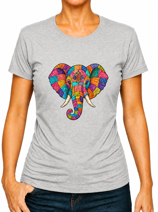 Boho Patchwork Elephant Print Ladies T-Shirt XS - 2XL (UK 8 - 18) - available in 7 colours