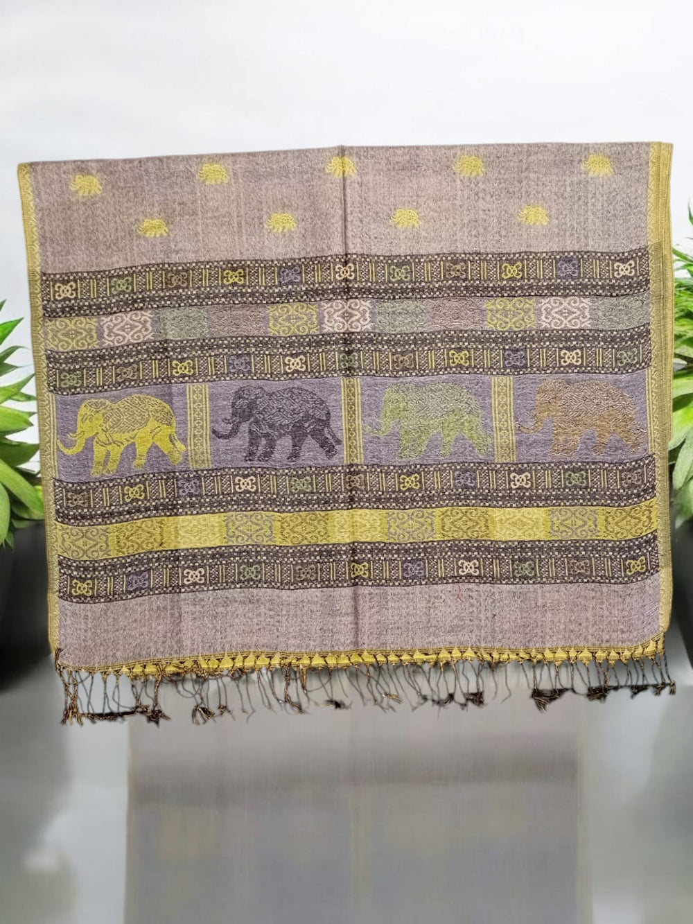 Bohotusk Lilac Yellow Elephant Stripe Print Silk Cotton Pashmina 200 x 75cm