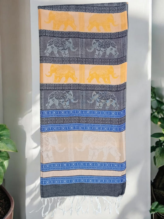 Bohotusk Gold Blue Grey Elephant Stripe Print Silk Cotton Pashmina 200 x 75cm