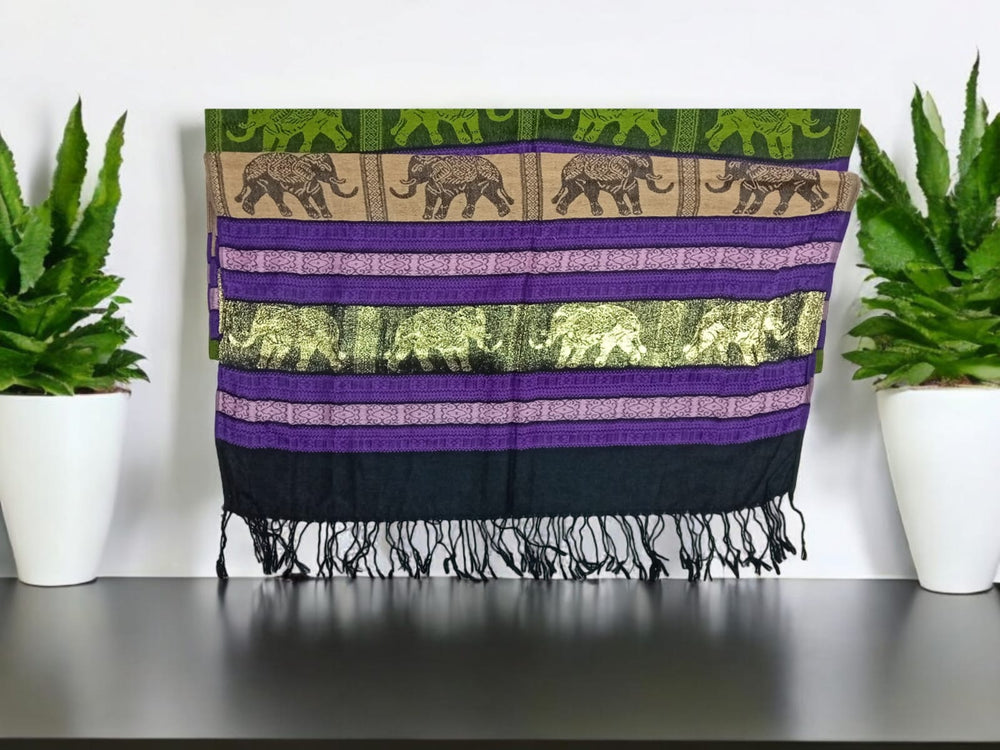 Bohotusk Purple Green Gold Elephant Stripe Print Silk Cotton Pashmina 200 x 75cm