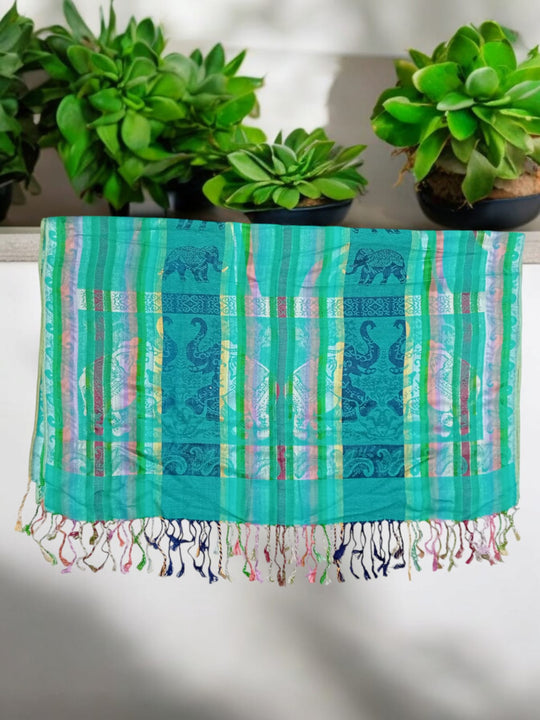 Bohotusk Aqua Green Elephant Stripe Print Silk Cotton Pashmina 200 x 75cm