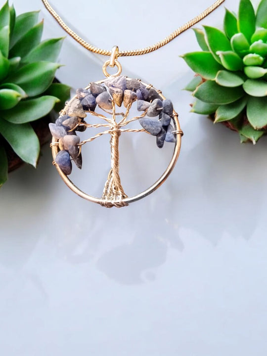 Bohotusk Tree of Life Round Pendant Necklace Purple Coloured Stones