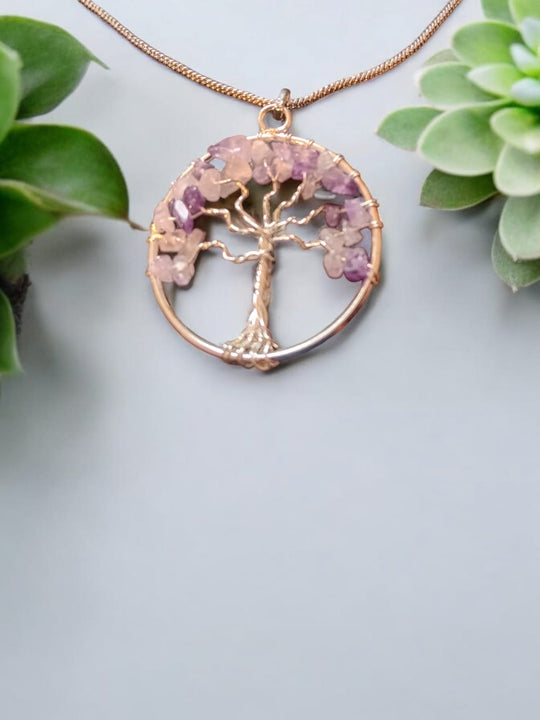 Bohotusk Tree of Life Round Pendant Necklace Lavender Coloured Stones