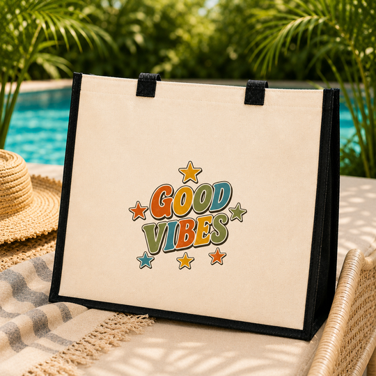 Good Vibes Jute Canvas Tote Bag