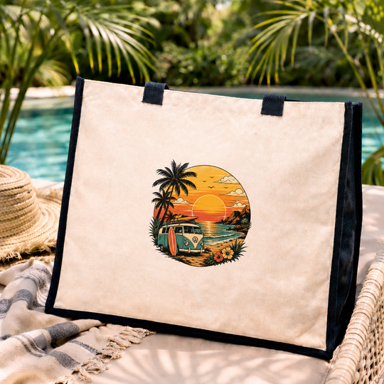 Camper Van Sunset Jute Canvas Tote Bag