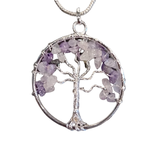 Bohotusk Tree of Life Round Pendant Necklace Lavender Coloured Stones