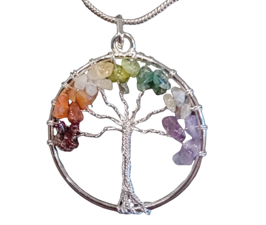 Bohotusk Tree of Life Round Pendant Necklace Multi Coloured Stones