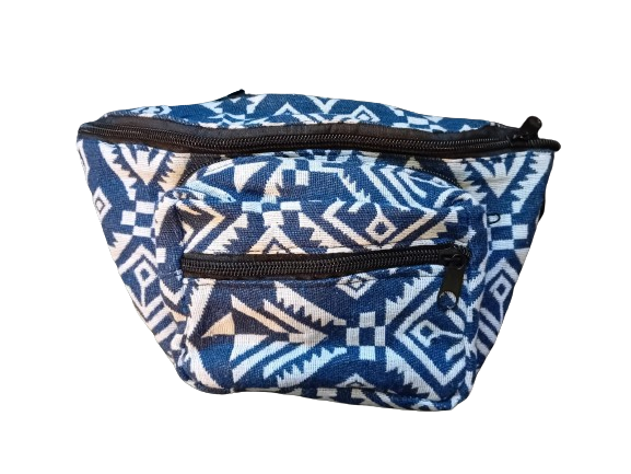 Bohotusk Blue White Grey Criss Cross Print Cotton Bum Bag Fanny Pack Waist Travel Bag