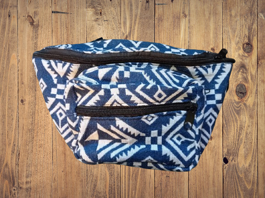 Bohotusk Blue White Grey Criss Cross Print Cotton Bum Bag Fanny Pack Waist Travel Bag