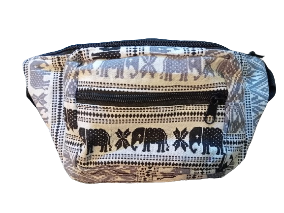 Bohotusk Black White Grey Elephant Print Cotton Bum Bag Fanny Pack Waist Travel Bag