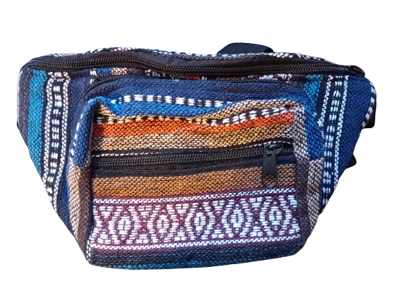 Bohotusk Blue Brown Purple Stripe Print Cotton Bum Bag Fanny Pack Waist Travel Bag