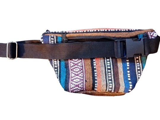 Bohotusk Blue Brown Purple Stripe Print Cotton Bum Bag Fanny Pack Waist Travel Bag