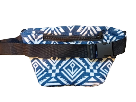 Bohotusk Blue White Grey Criss Cross Print Cotton Bum Bag Fanny Pack Waist Travel Bag