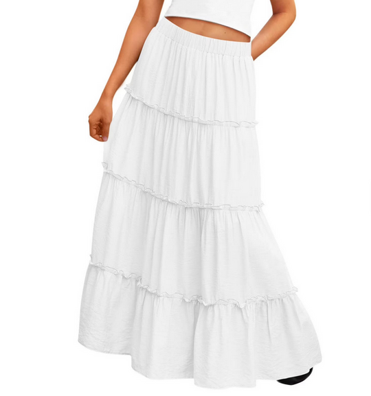 Bohotusk White Tiered Maxi Skirt – Elastic Waist Boho Summer Skirt