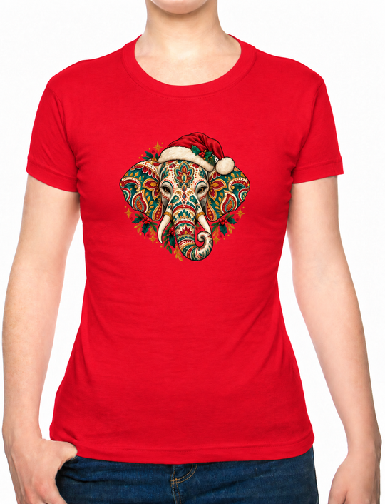 Bohotusk Christmas Elephant Cotton Ladies T-Shirt XS - 2XL (UK 8 - 18) available in 7 colours