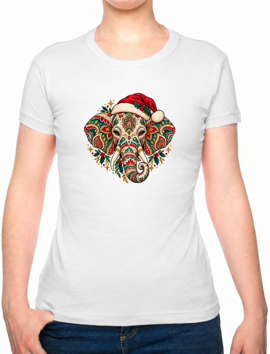 Bohotusk Christmas Elephant Cotton Ladies T-Shirt XS - 2XL (UK 8 - 18) available in 7 colours