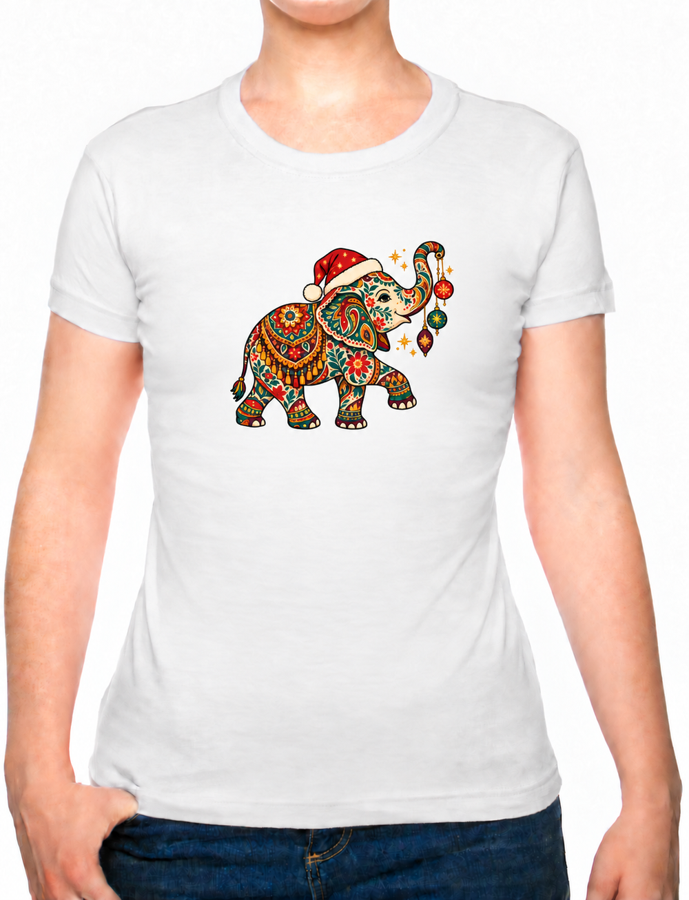 Bohotusk Christmas Elephant & Baubles Cotton Ladies T-Shirt XS - 2XL (UK 8 - 18) available in 7 colours