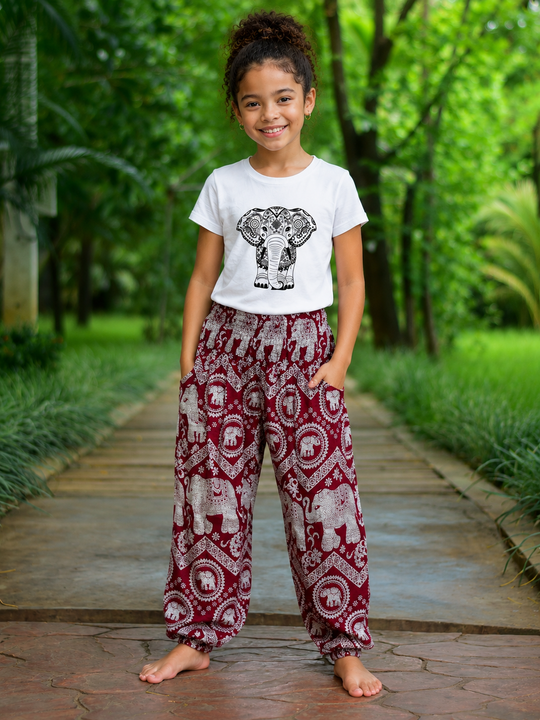 Bohotusk Red Elephant Print Elasticated Waist Harem Pants (6 - 8 Years)