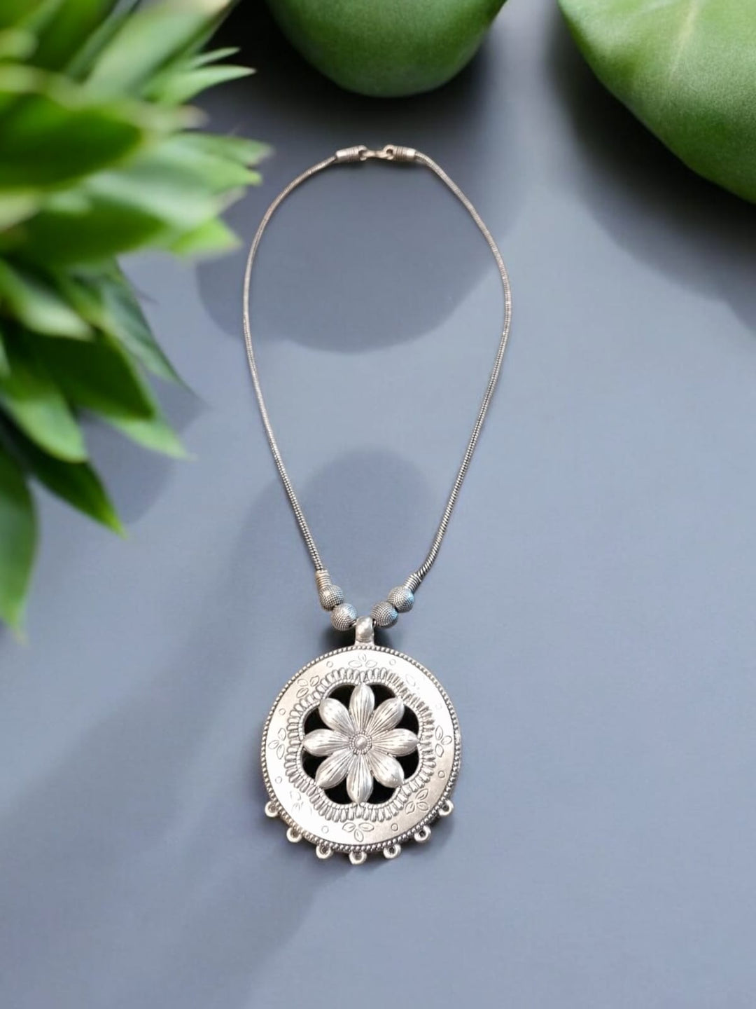 Bohotusk Flower Floral Shield Pendant Necklace