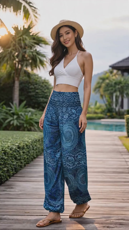 Bohotusk Blue Night Glow Print Elasticated Smocked Waist Womens Harem Pants