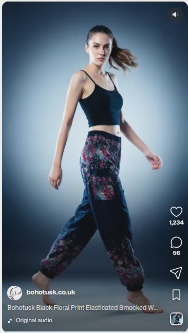 Bohotusk Black Floral Print Elasticated Smocked Waist Womens Harem Pants S/M to 4XL