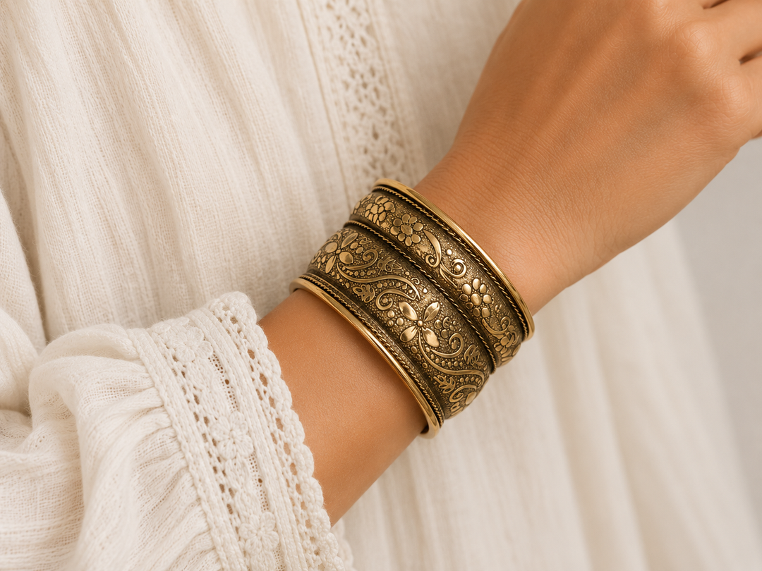 Bohotusk Layered Adjustable Floral Brass Bangle Bracelet