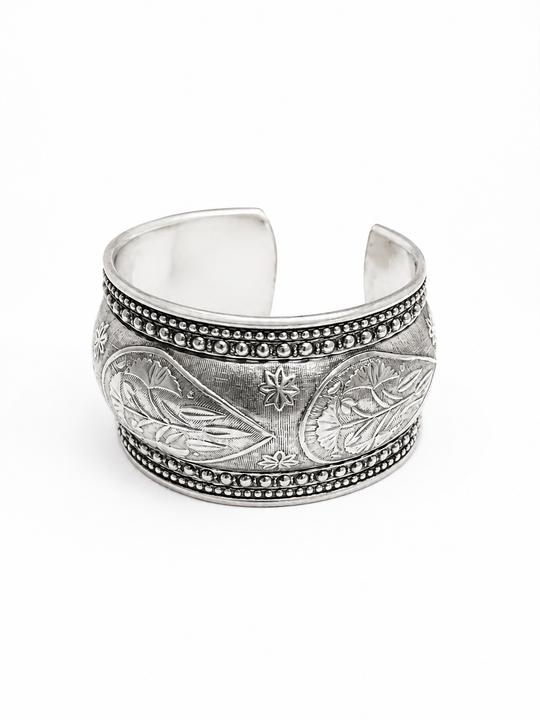 Bohotusk Layered Adjustable Fern Leaf Oxidised Silver Bangle Bracelet