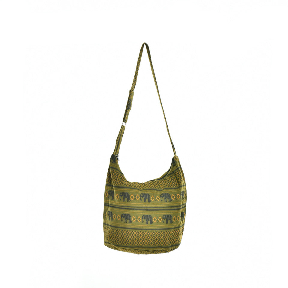 Bohotusk Green Elephant Cotton Sling Shoulder Bag Adjustable Strap with Zip Closure