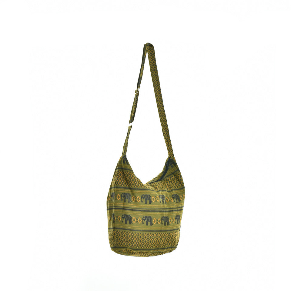 Bohotusk Green Elephant Cotton Sling Shoulder Bag Adjustable Strap with Zip Closure