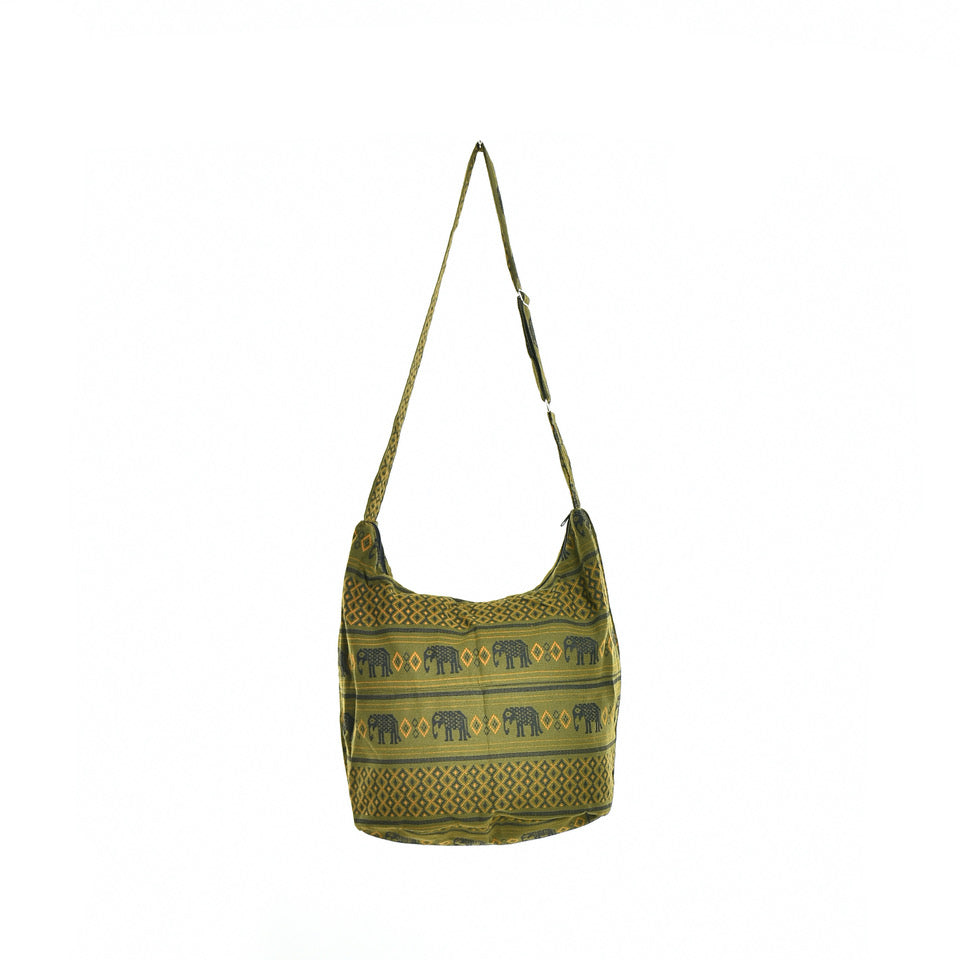 Bohotusk Green Elephant Cotton Sling Shoulder Bag Adjustable Strap with Zip Closure