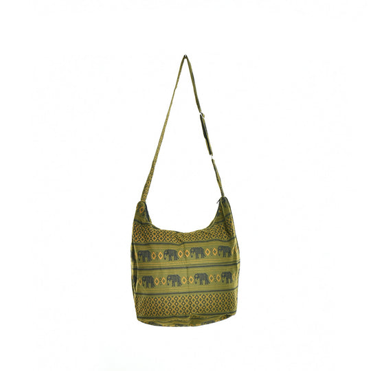 Bohotusk Green Elephant Cotton Sling Shoulder Bag Adjustable Strap with Zip Closure