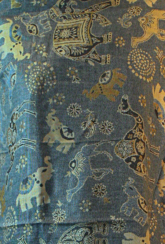 Grey Gold Elephant Camel Print Pashmina Reversable 200 x 75cm