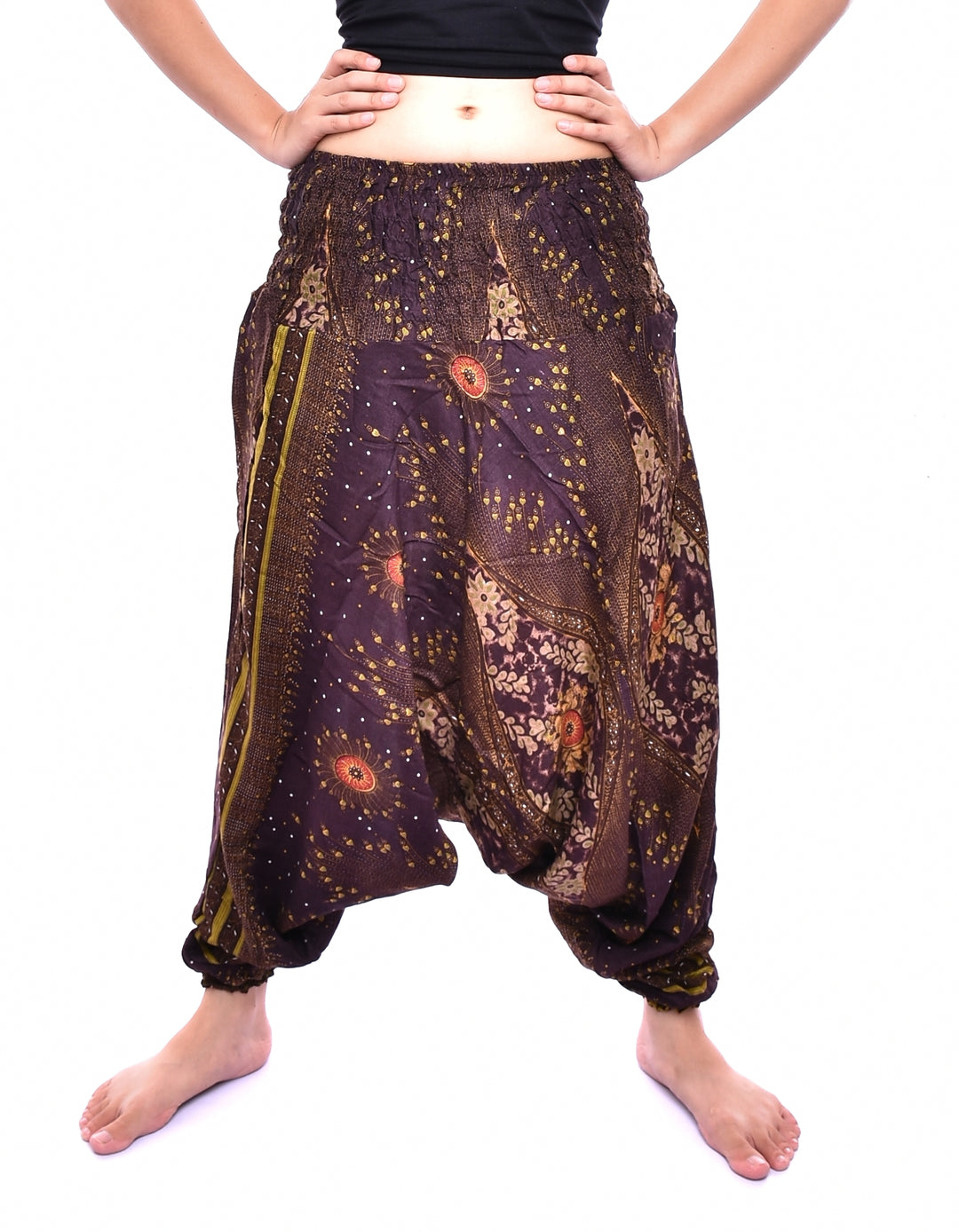 Bohotusk Brown Moonshine Low Crotch Harem Pants Womens Elasticated Smocked Waist S/M
