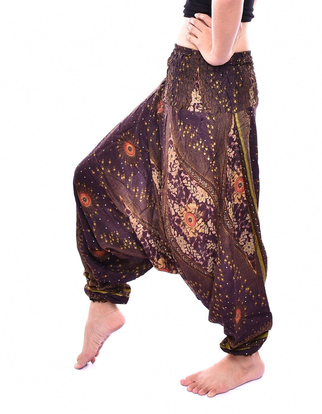 Bohotusk Brown Moonshine Low Crotch Harem Pants Womens Elasticated Smocked Waist S/M