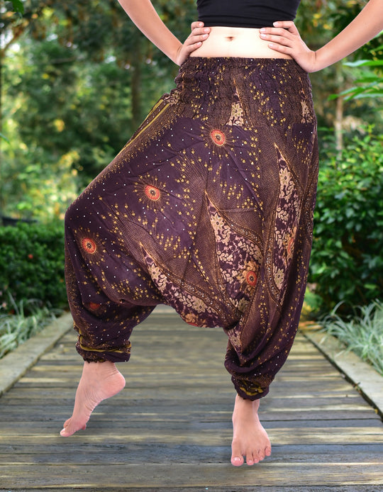 Bohotusk Brown Moonshine Low Crotch Harem Pants Womens Elasticated Smocked Waist S/M