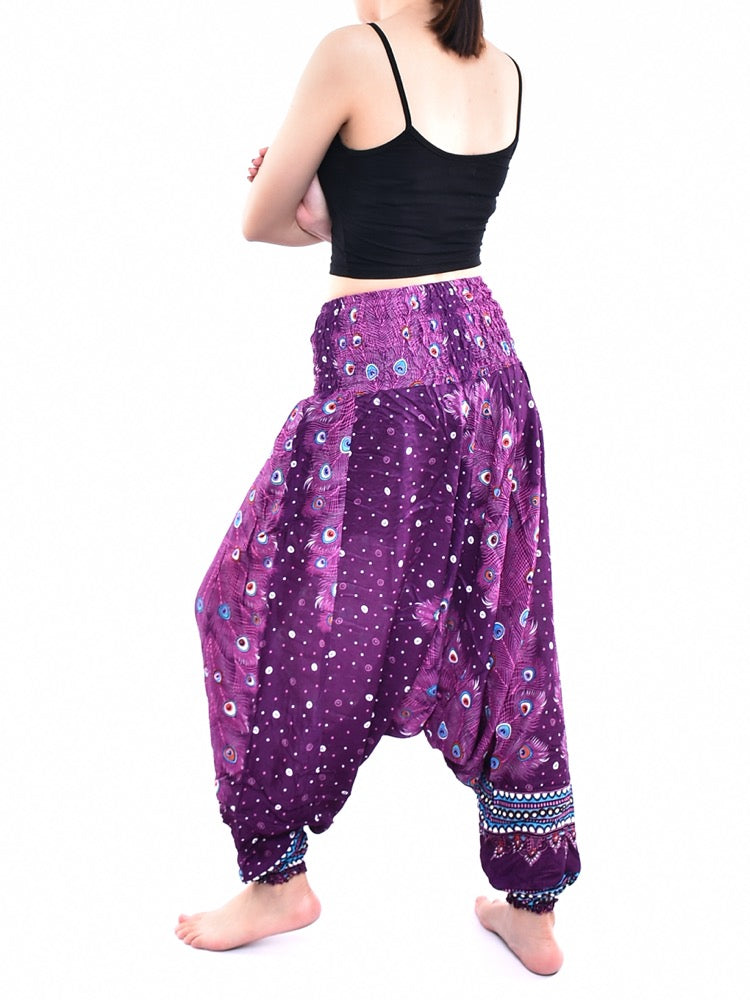 Bohotusk Purple Peacock Print Low Crotch Harem Pants Womens Elasticated Smocked Waist S/M