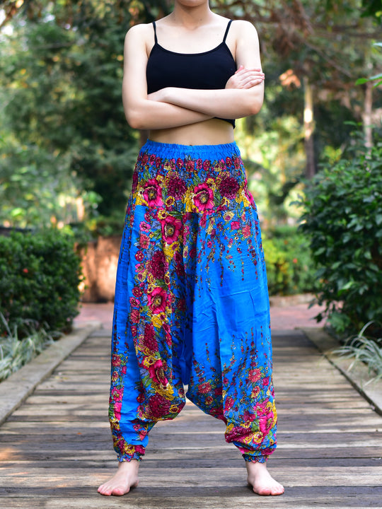 Bohotusk Light Blue Floral Low Crotch Harem Pants Womens Elasticated Smocked Waist S/M Only