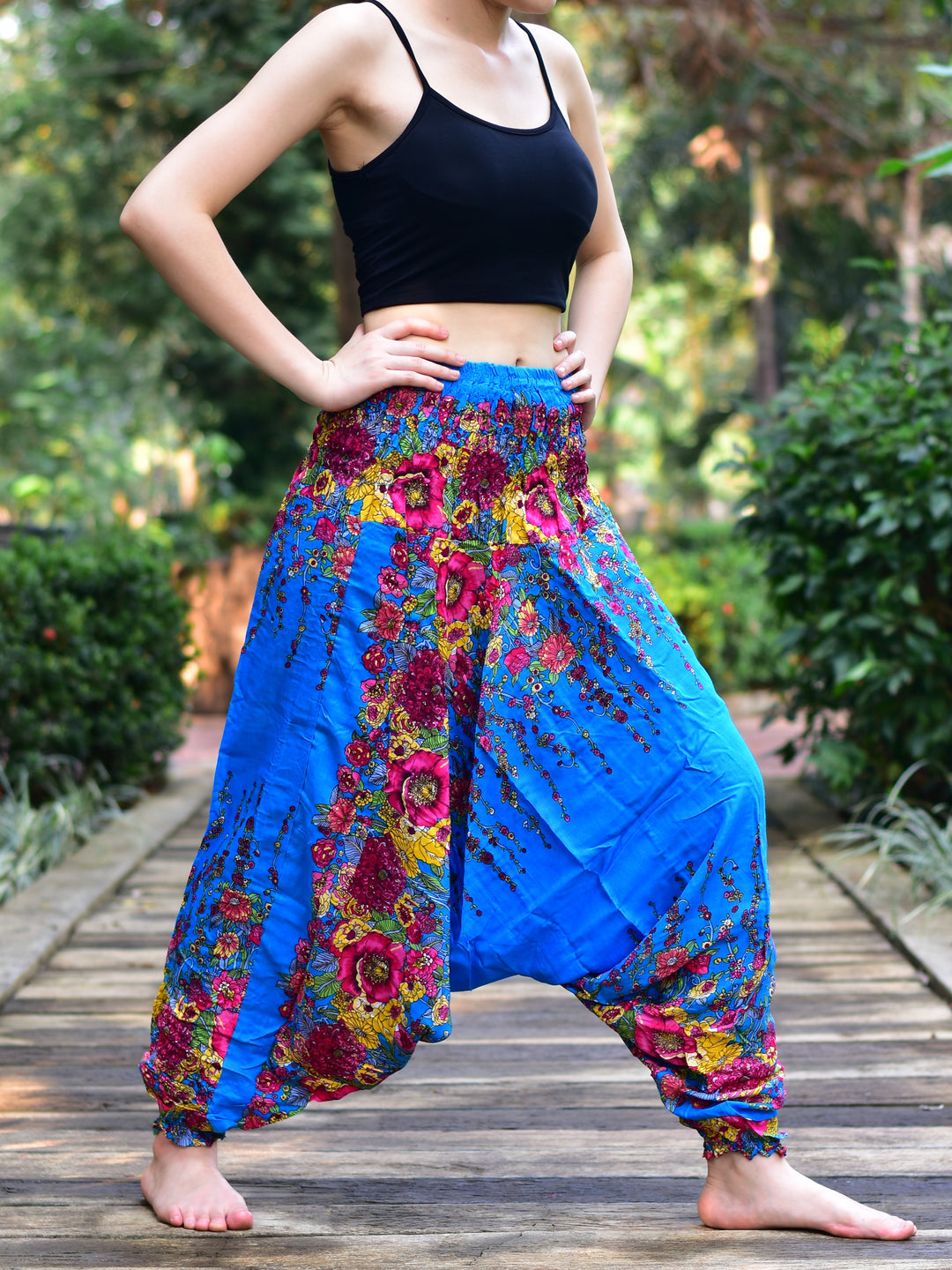 Bohotusk Light Blue Floral Low Crotch Harem Pants Womens Elasticated Smocked Waist S/M Only