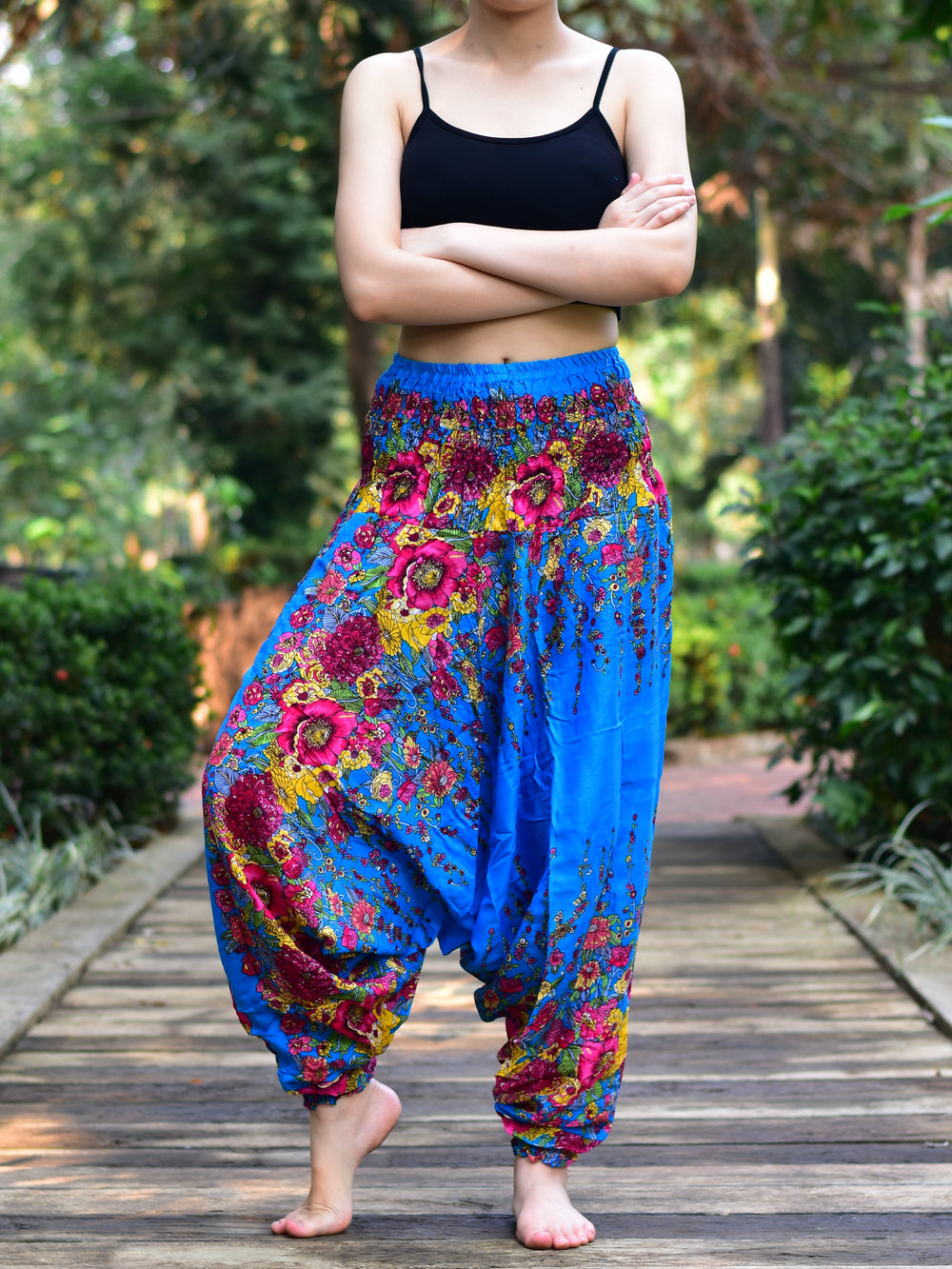 Bohotusk Light Blue Floral Low Crotch Harem Pants Womens Elasticated Smocked Waist S/M Only