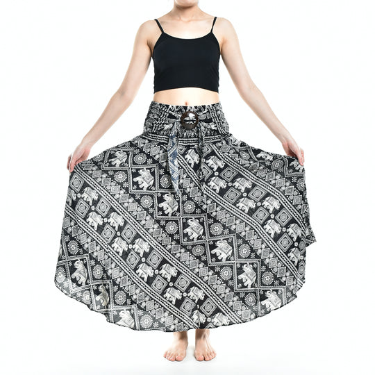 Bohotusk Black Elephant Print Long Skirt With Coconut Buckle (& Strapless Dress) S/M to 3XL