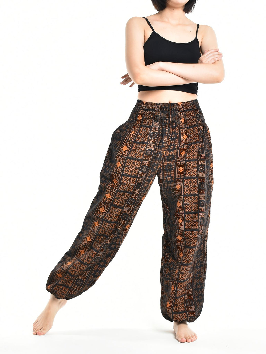 Bohotusk Womens Autumn Brown Orange Diamond Cotton Harem Pants S/M to L/XL