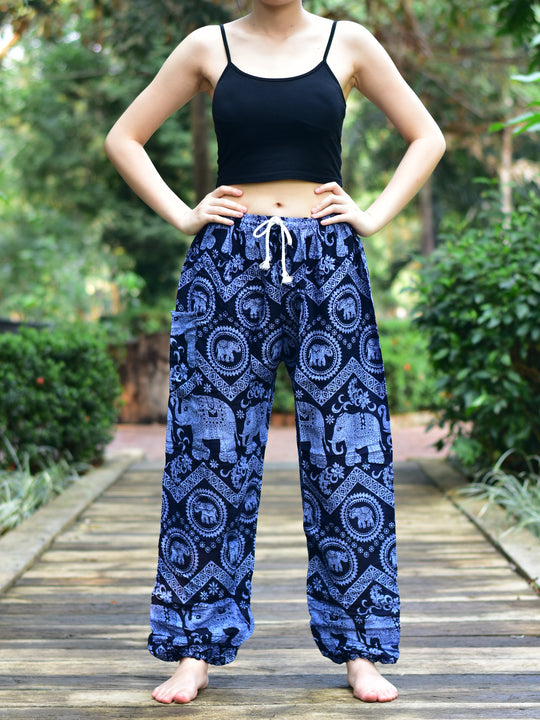 Bohotusk Blue Elephant Tusker Print Womens Harem Pants Tie Waist S/M to 3XL