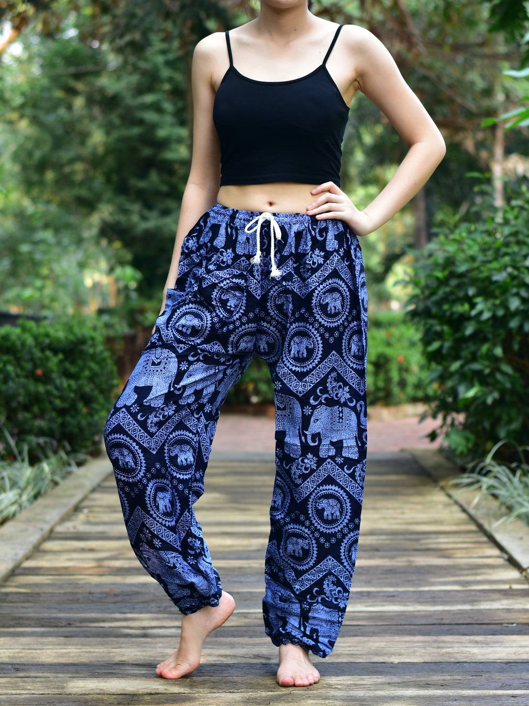 Bohotusk Blue Elephant Tusker Print Womens Harem Pants Tie Waist S/M to 3XL