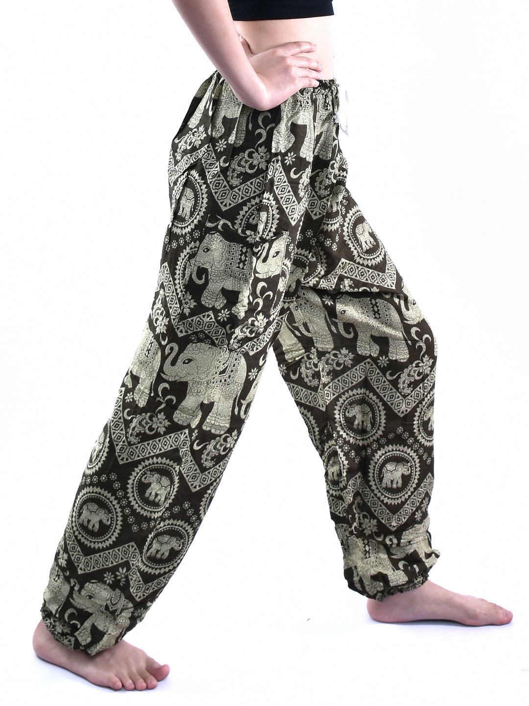 Bohotusk Olive Green Elephant Tusker Print Womens Harem Pants Tie Waist S/M to L/XL