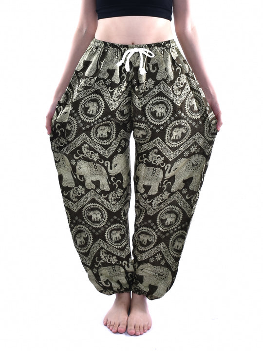 Bohotusk Olive Green Elephant Tusker Print Womens Harem Pants Tie Waist S/M to L/XL